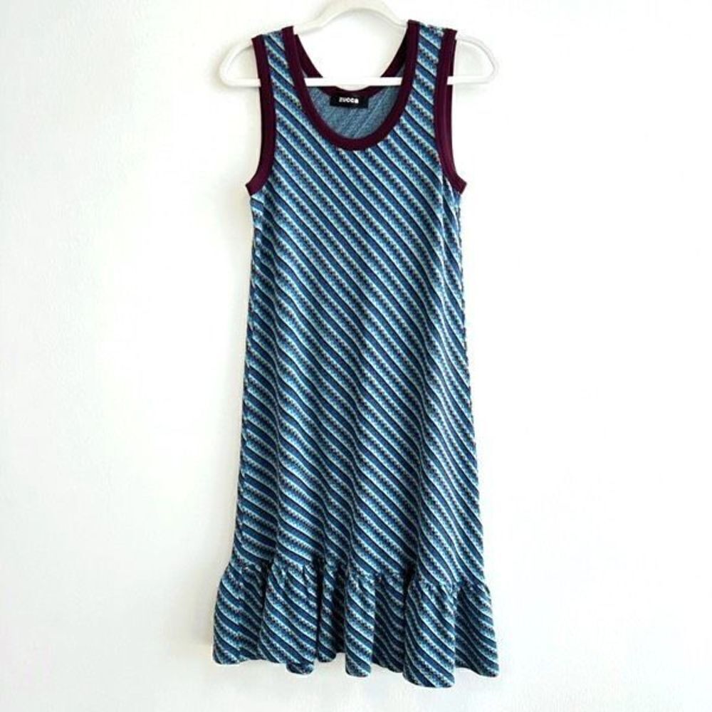 Zucca Women’s M Fuzz Knit Blue Purple Midi Dress Ruffled Hem Sleeveless Japan